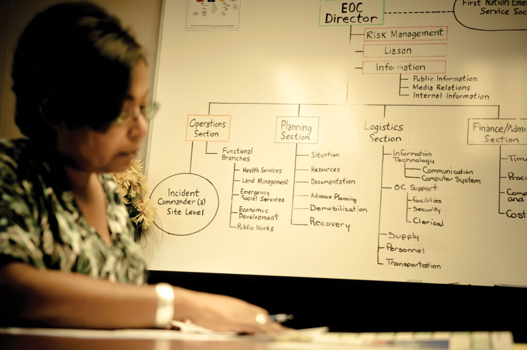 A woman is working in the foreground with a whiteboard in the background showing strategic planning